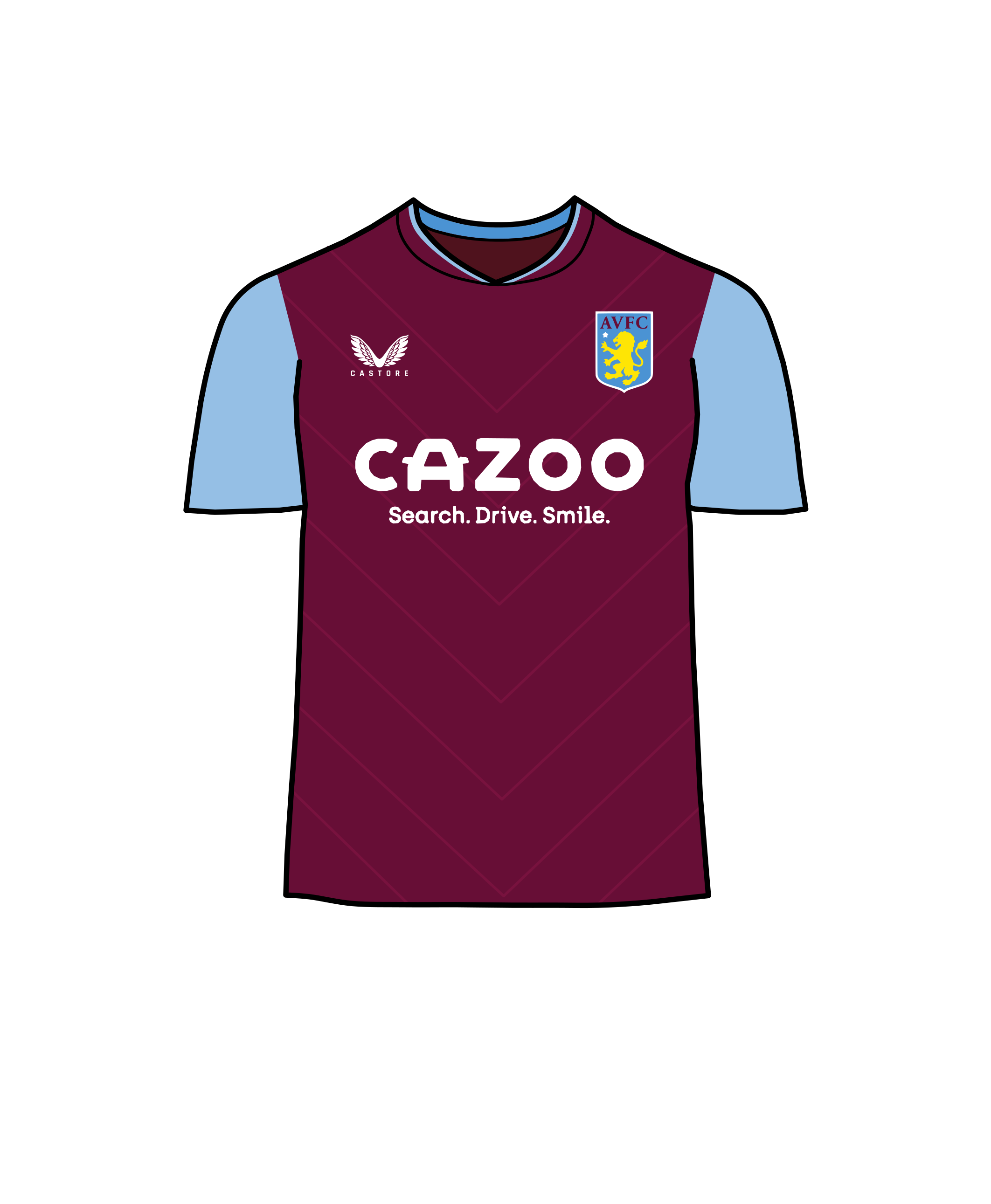 Aston Villa FC shirt in claret and light blue, representing the club's historical colors inspired by Scottish teams.