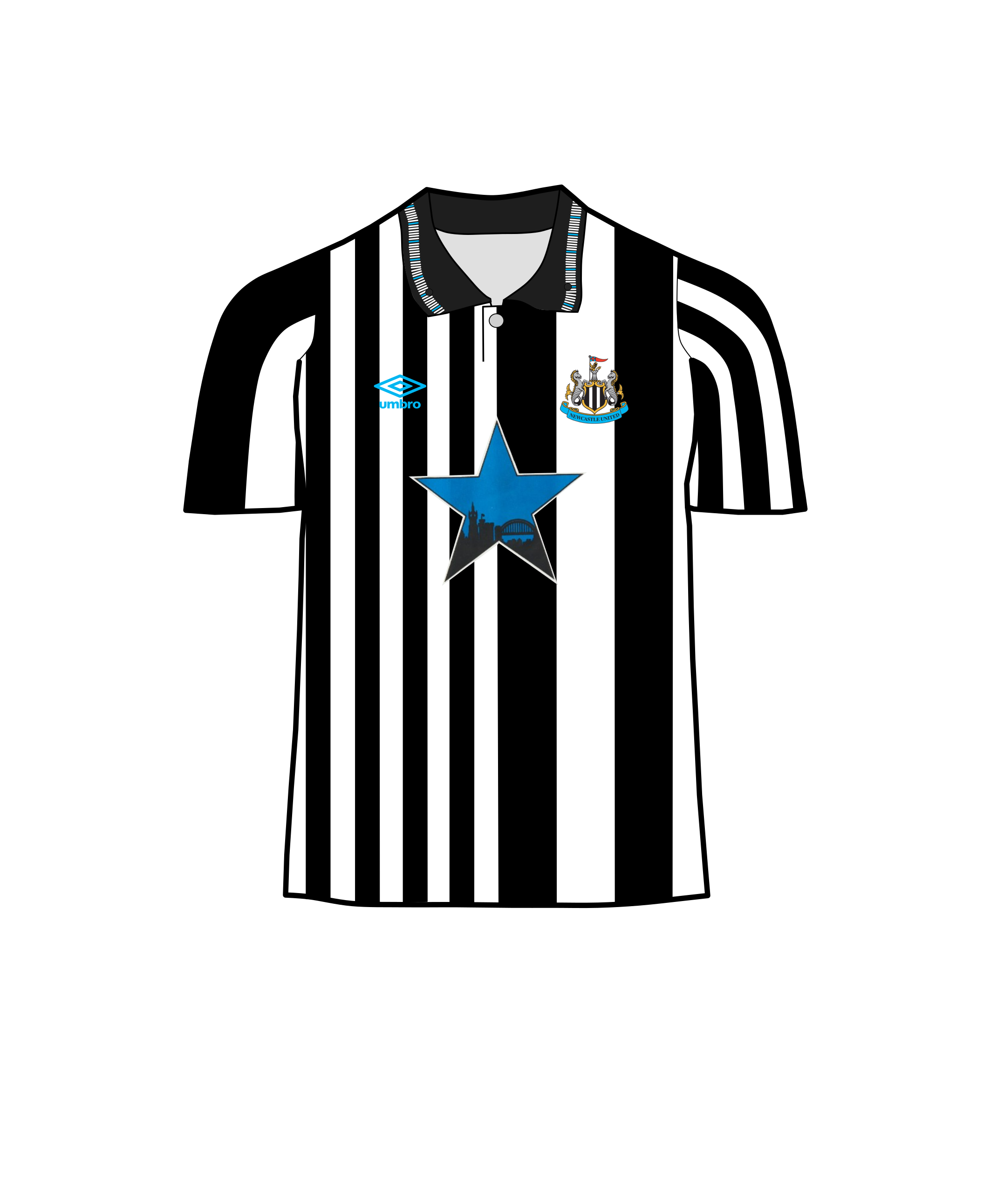 Newcastle United's iconic black and white striped home kit, introduced after a color clash with Arsenal.