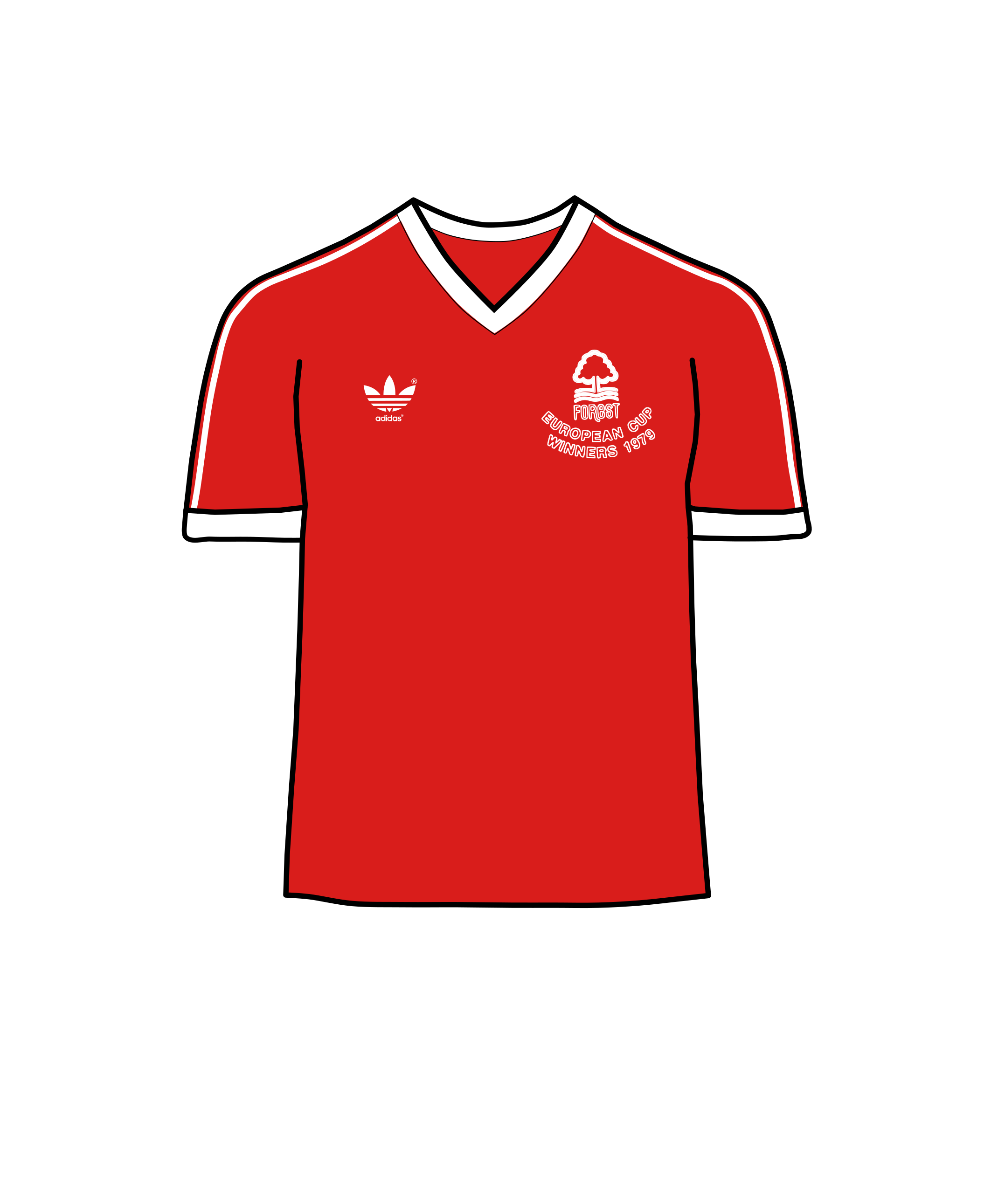 Nottingham Forest's 1979 kit with their iconic red shirt, inspired by Garibaldi's Redshirts.