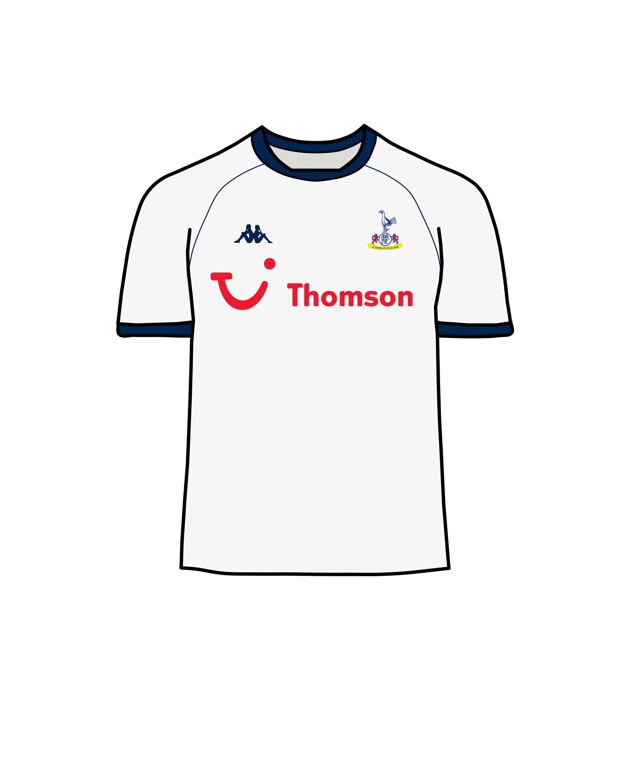 Tottenham Hotspur's white and navy football kit, featuring a white shirt and navy blue shorts.