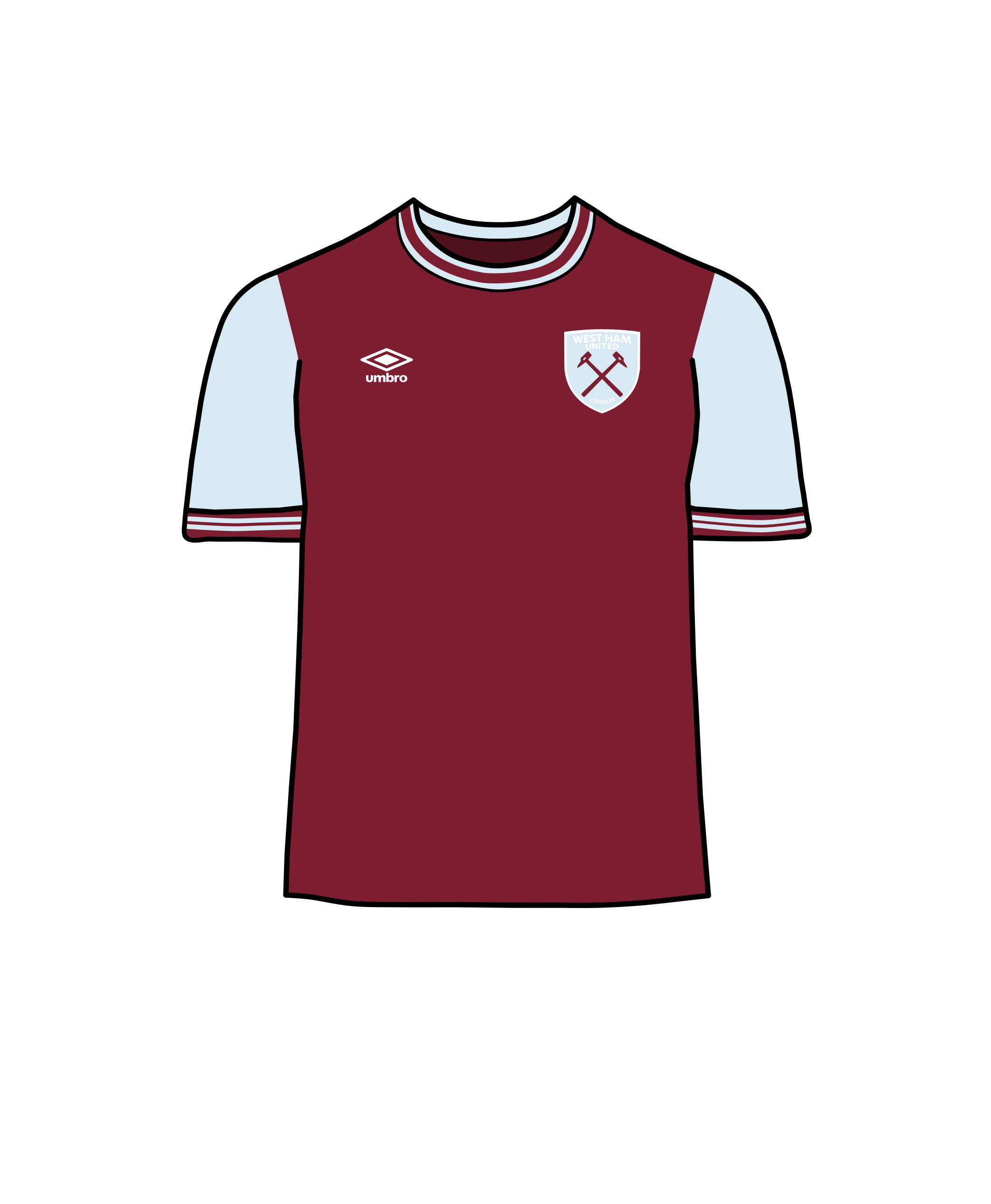 West Ham's claret and blue football kit, featuring a claret shirt and blue shorts.