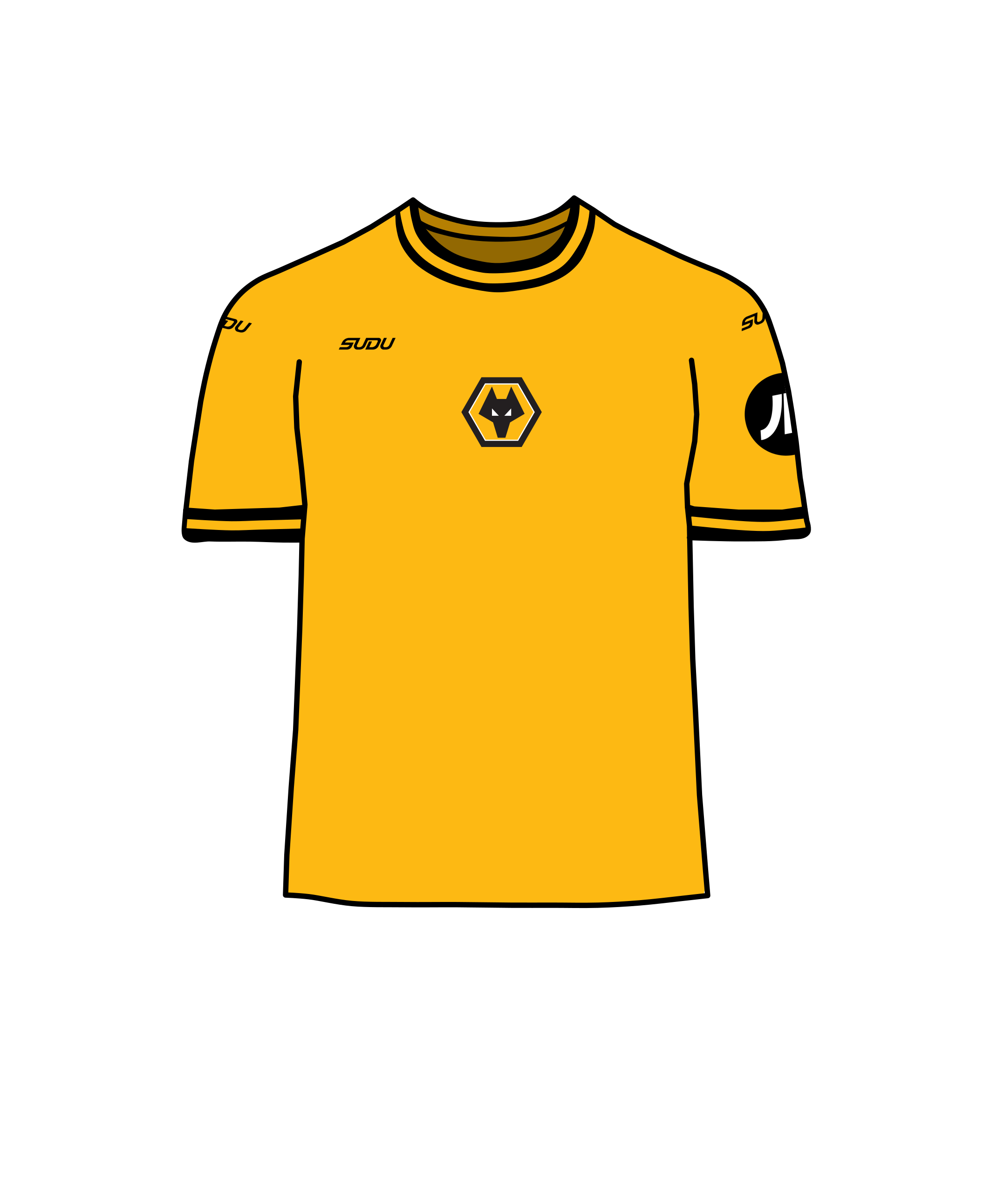 Wolverhampton's gold and black football kit, featuring a gold shirt with black accents.